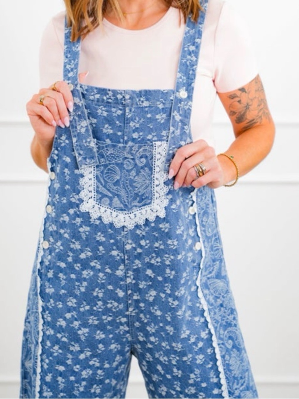 Blue Printed Women’s Denim Overalls - Picture 2 of 8